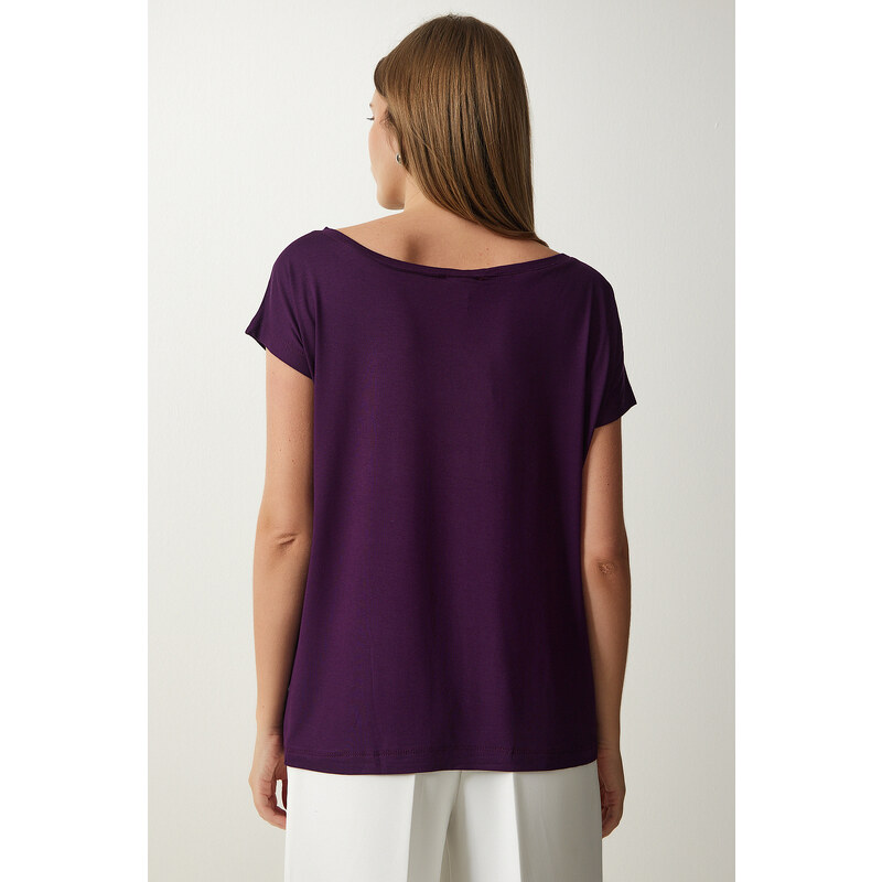 Happiness İstanbul Women's Plum Boat Neck Basic Blouse