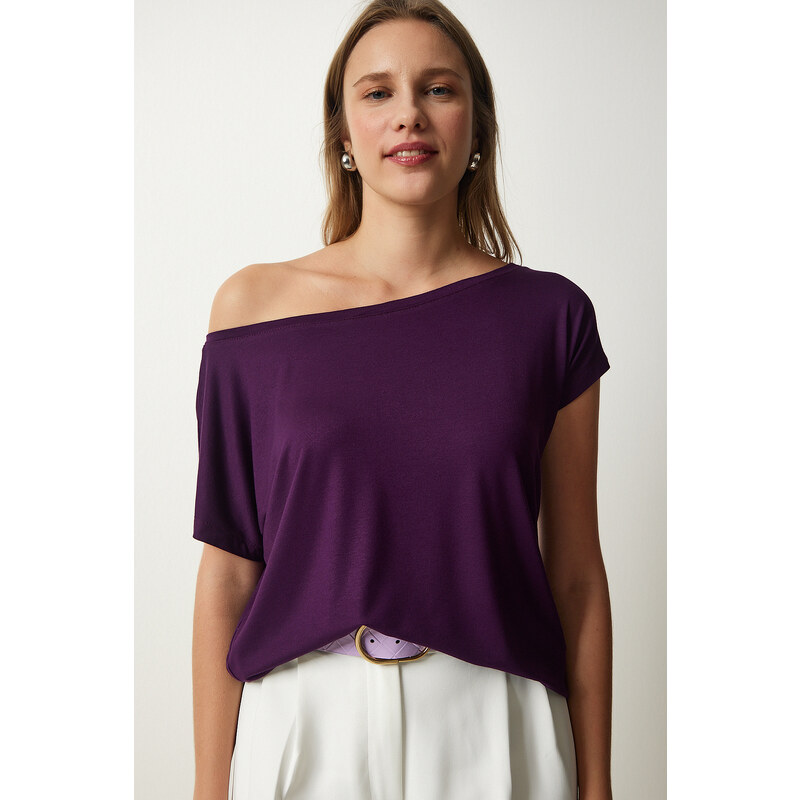 Happiness İstanbul Women's Plum Boat Neck Basic Blouse