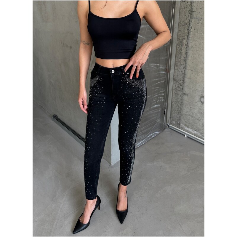 Laluvia Black High Stone Mom Jeans