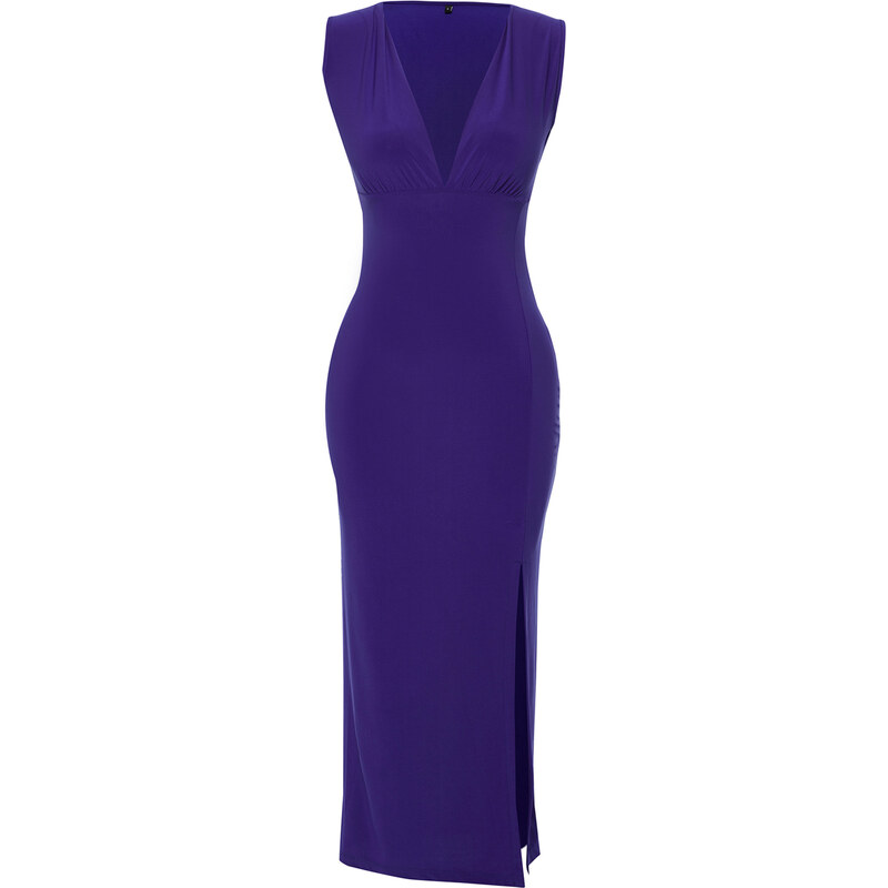 Trendyol Saxe Blue V-Neck Gathered Slit Stretchy Fitted Knitted Midi Dress