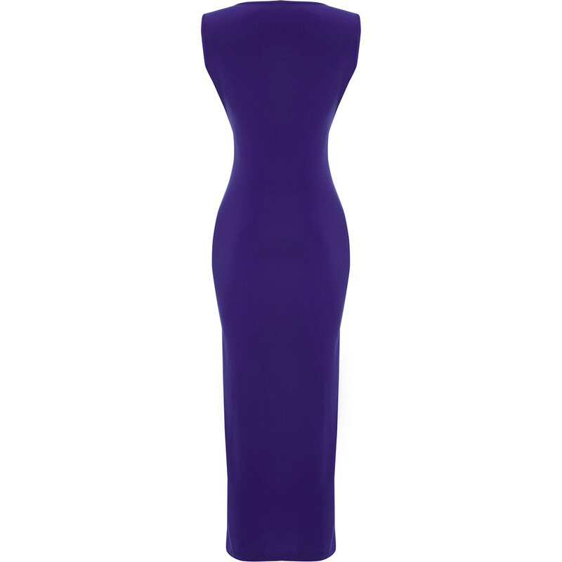 Trendyol Saxe Blue V-Neck Gathered Slit Stretchy Fitted Knitted Midi Dress