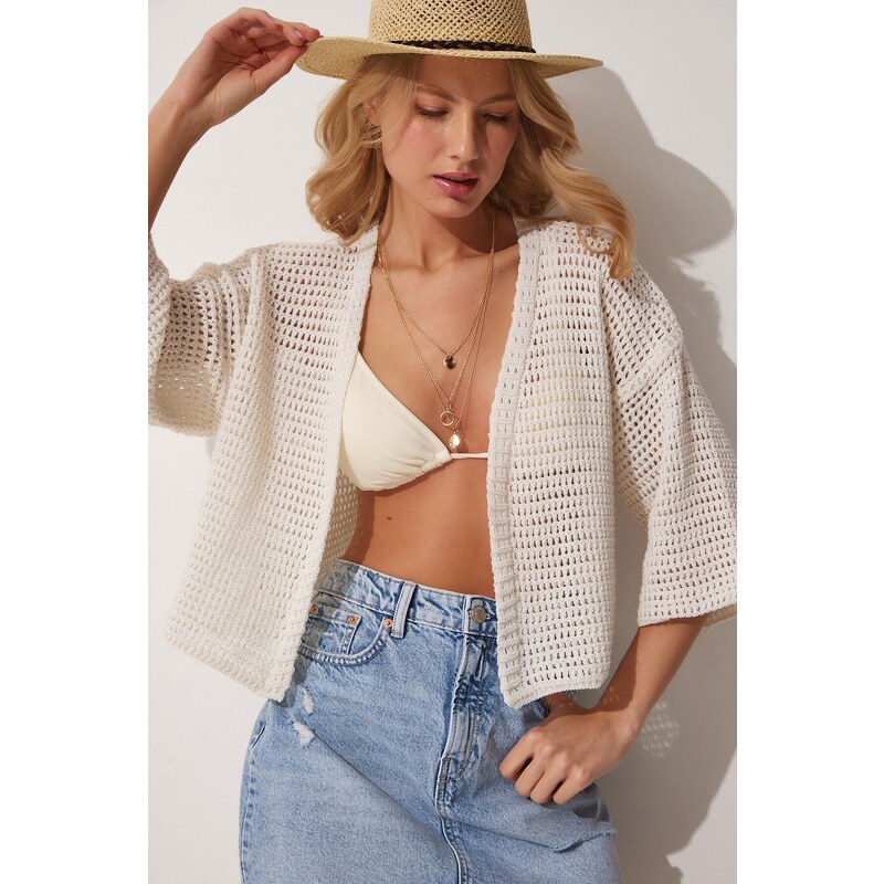 Happiness İstanbul Women's Bone Openwork Summer Knitwear Cardigan