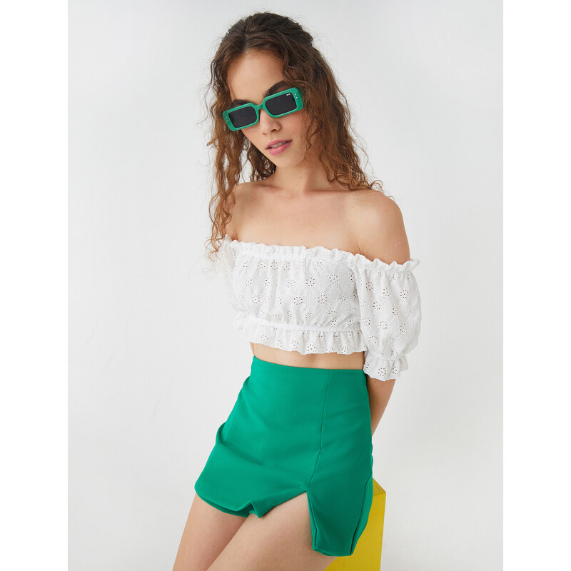 Koton Crop T-Shirt Open Shoulder Scalloped