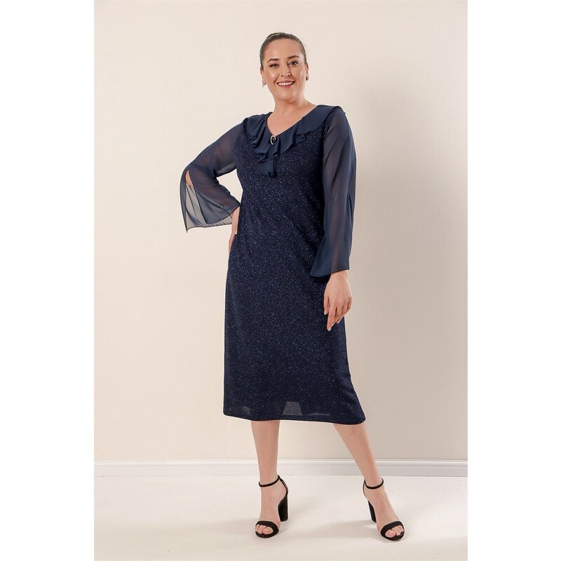 By Saygı Collar And Sleeves Chiffon Lined Lycra, Glittery Plus Size Dress Wide Size Range Silver