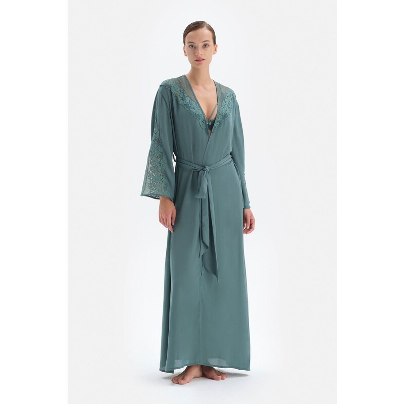 Dagi Green Three Quarter Sleeve Lace Long Dressing Gown