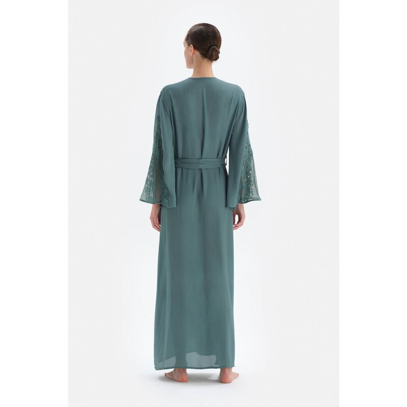 Dagi Green Three Quarter Sleeve Lace Long Dressing Gown