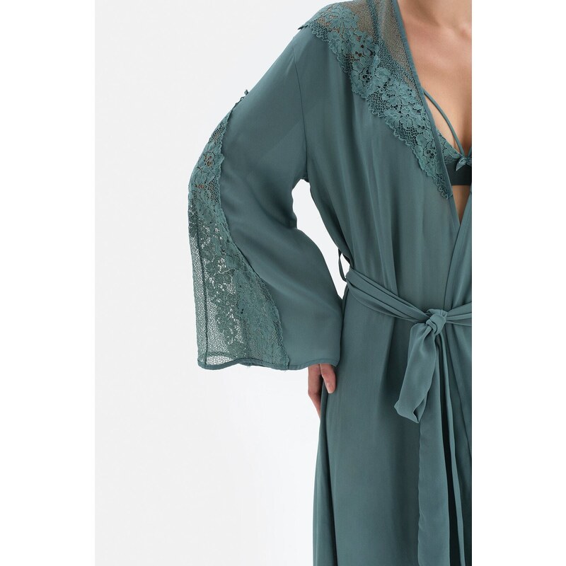 Dagi Green Three Quarter Sleeve Lace Long Dressing Gown