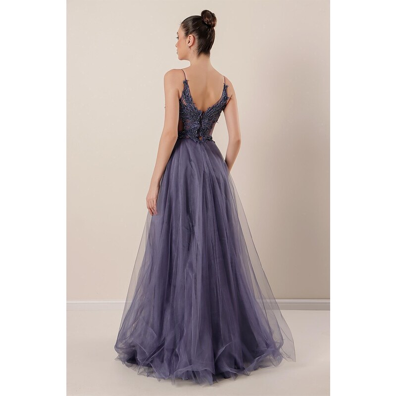 By Saygı Rope Strap Guipure Bead Detailed Lined Long Tulle Dress