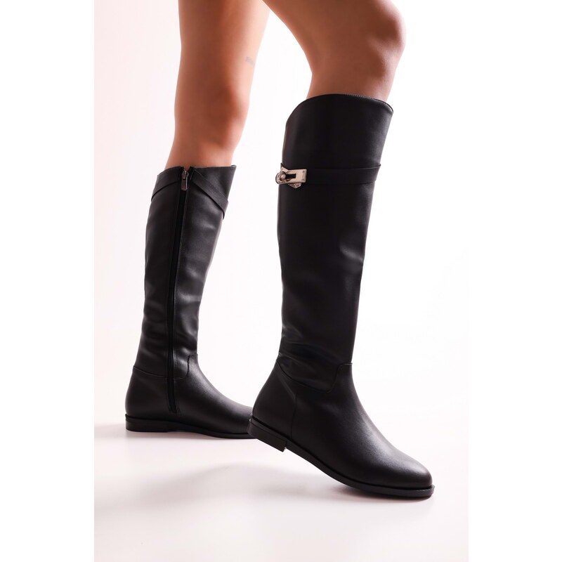 Shoeberry Women's Meroni Black Buckle Boots with Black Skin.