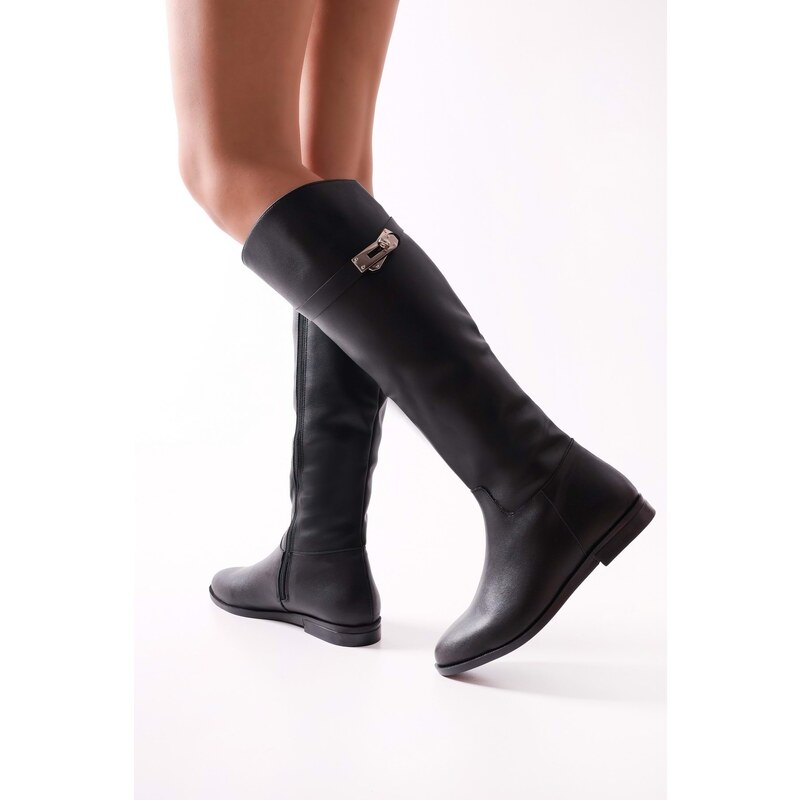 Shoeberry Women's Meroni Black Buckle Boots with Black Skin.