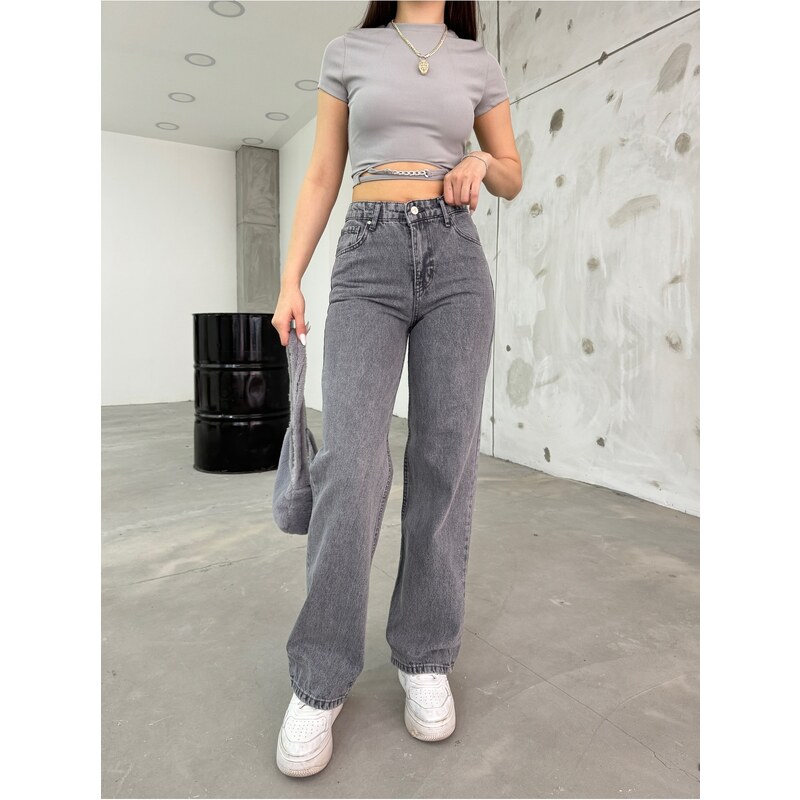 BİKELİFE Women's Gray High Waist Lycra Flexible Wide Leg Jeans