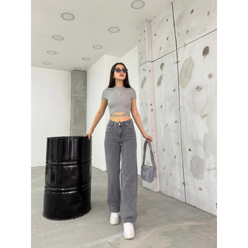 BİKELİFE Women's Gray High Waist Lycra Flexible Wide Leg Jeans