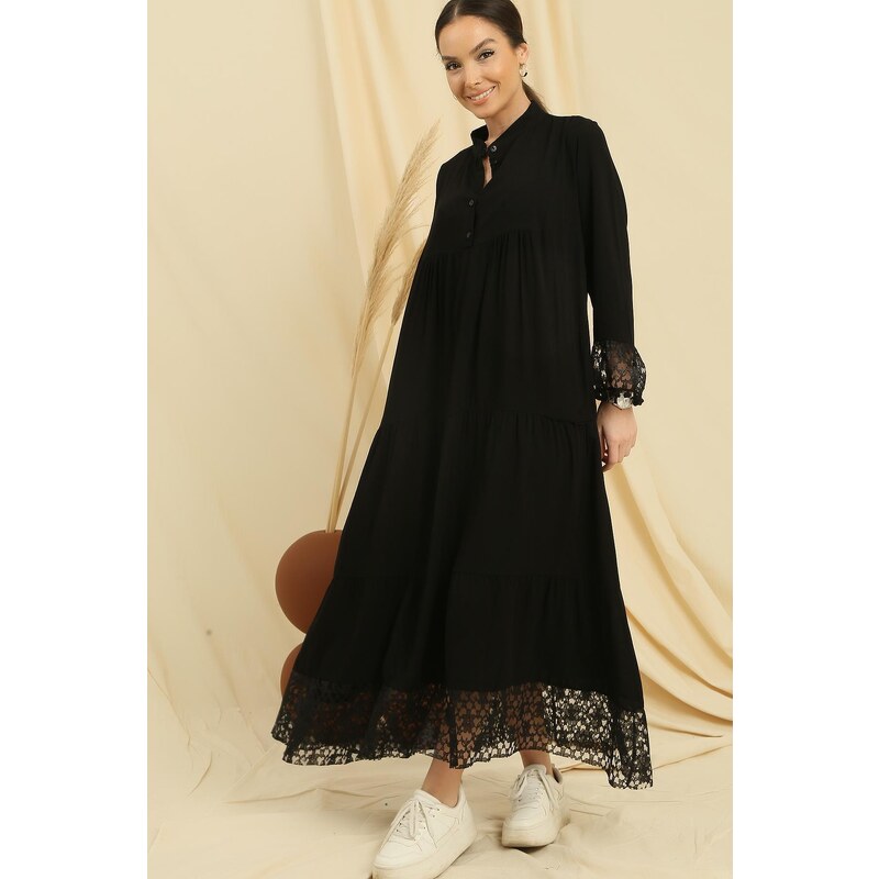 By Saygı Laced Oversize Viscose Dress with Half Button Front Sleeves and Hem