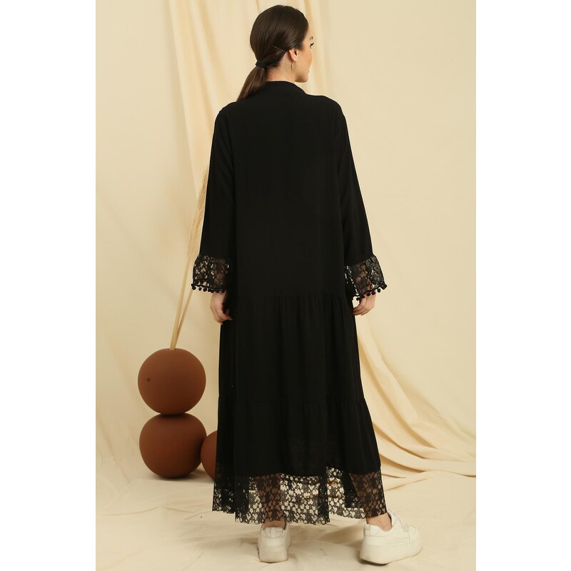 By Saygı Laced Oversize Viscose Dress with Half Button Front Sleeves and Hem