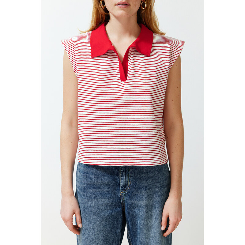 Trendyol Red Striped Polo Neck Regular/Normal Pattern Knitted T-Shirt