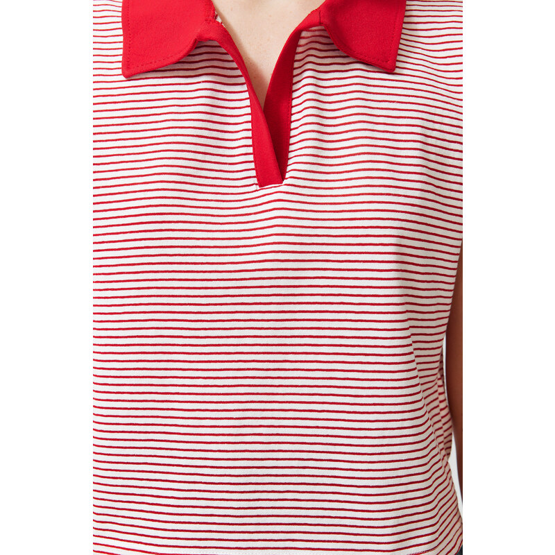 Trendyol Red Striped Polo Neck Regular/Normal Pattern Knitted T-Shirt