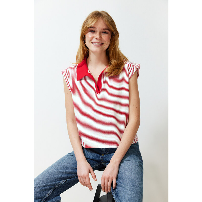 Trendyol Red Striped Polo Neck Regular/Normal Pattern Knitted T-Shirt