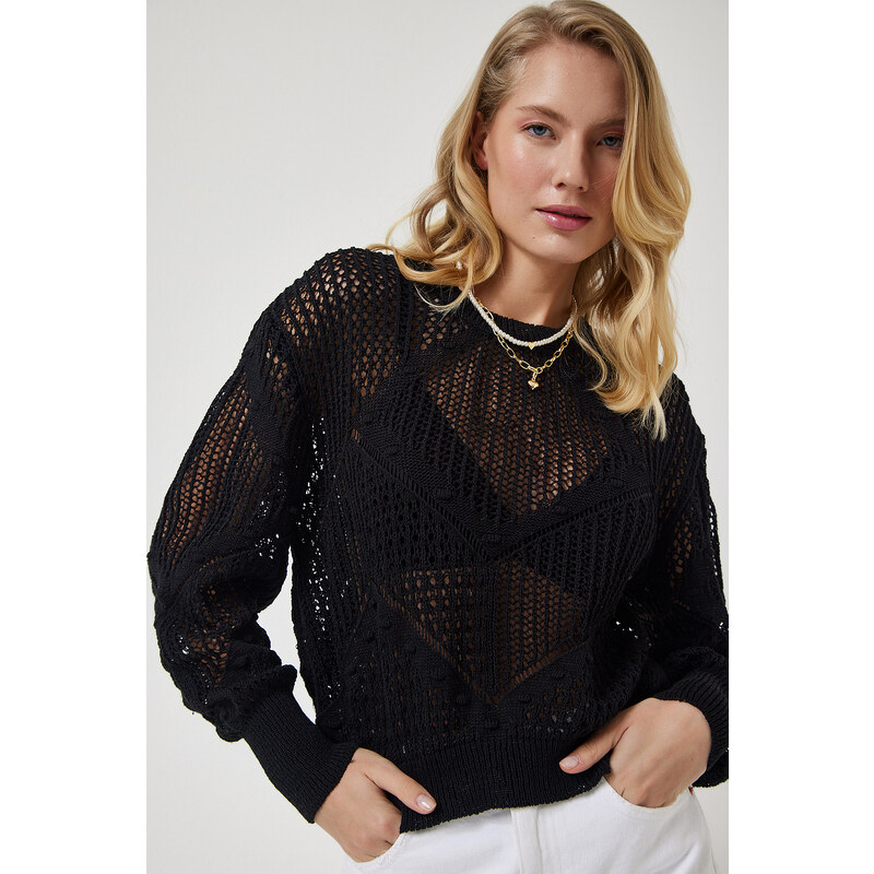 Happiness İstanbul Women's Black Openwork Seasonal Knitwear Sweater