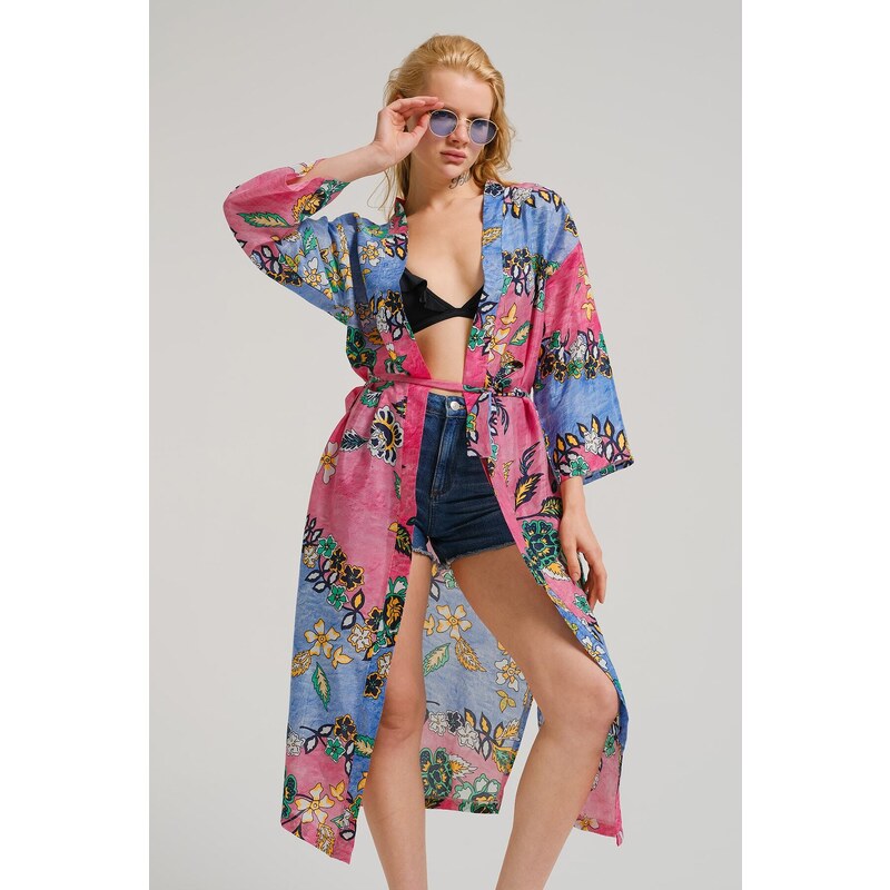 armonika Women's Pink Patterned Long Kimono