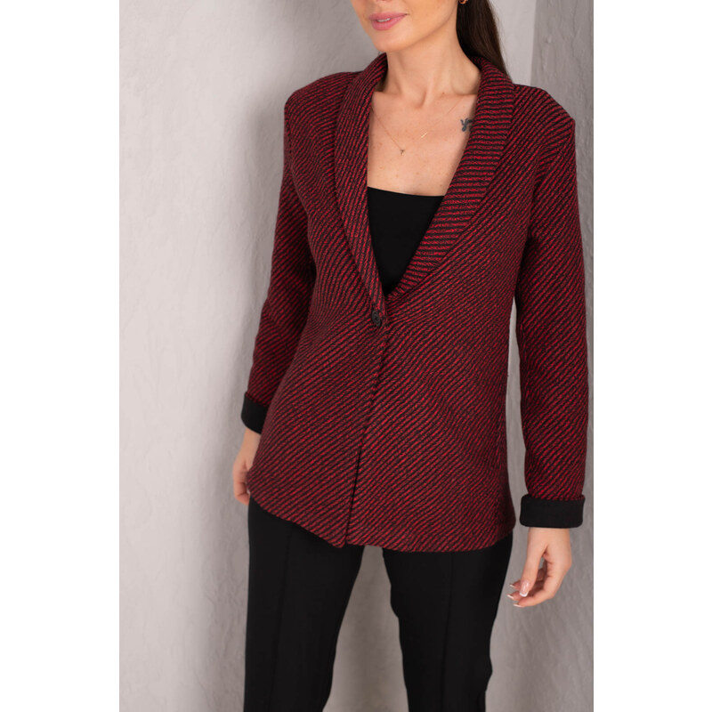 armonika Women's Burgundy Striped Folded Sleeve Single Button Cachet Jacket