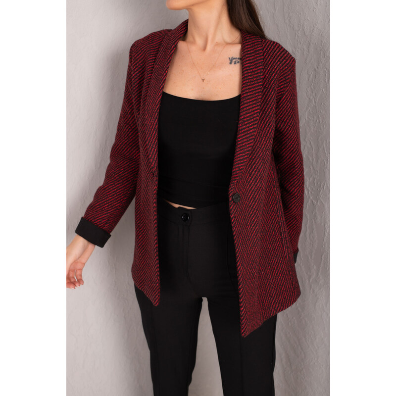 armonika Women's Burgundy Striped Folded Sleeve Single Button Cachet Jacket