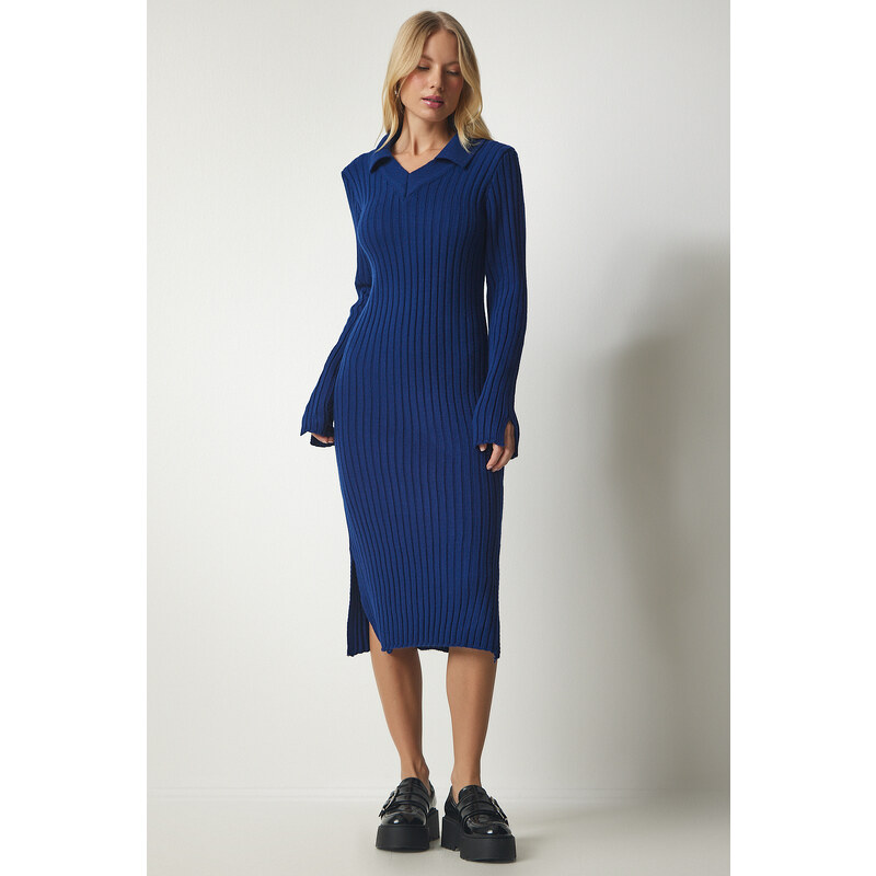 Happiness İstanbul Women's Dark Blue Polo Neck Corduroy Knitwear Dress