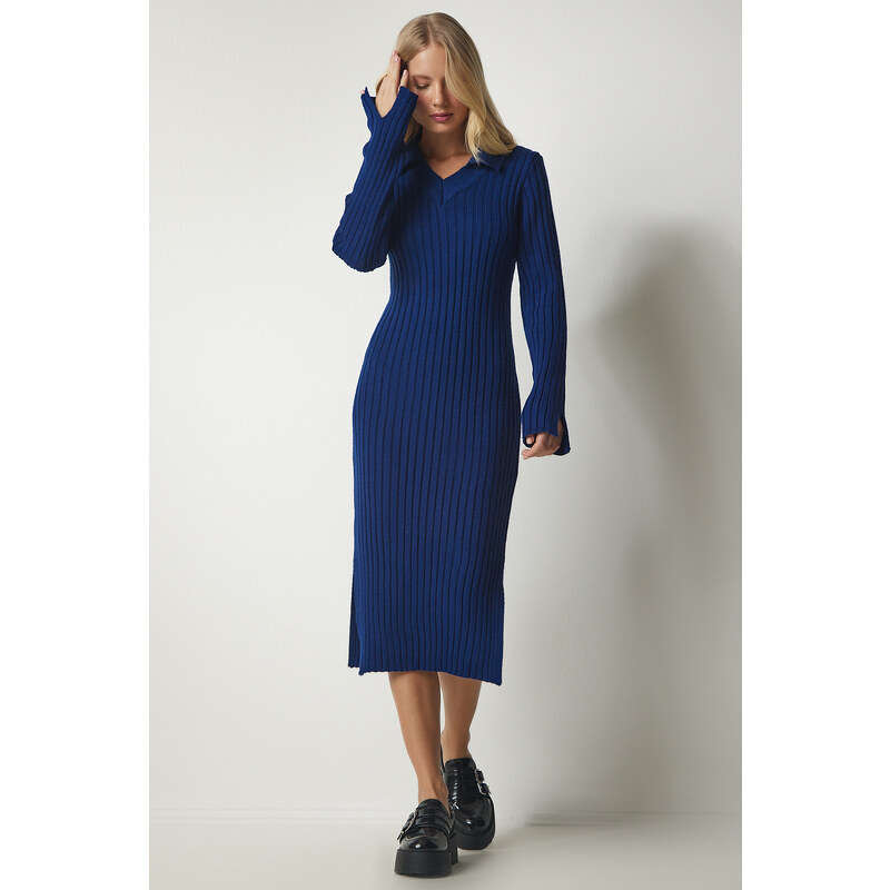 Happiness İstanbul Women's Dark Blue Polo Neck Corduroy Knitwear Dress