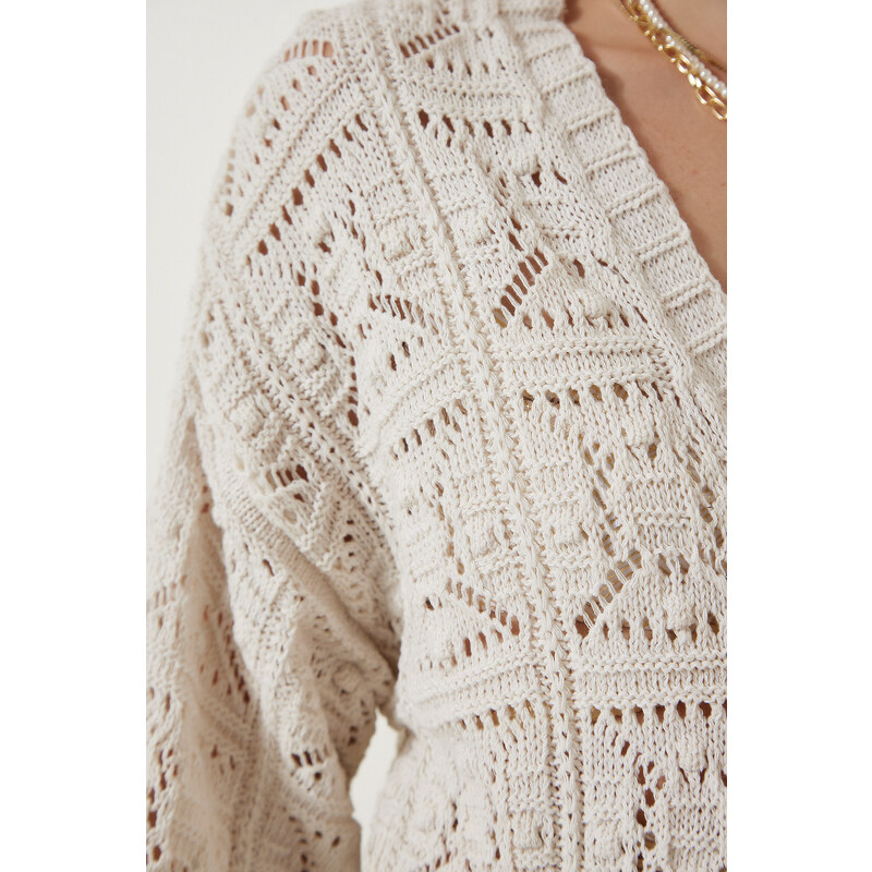 Happiness İstanbul Women's Cream Openwork Seasonal Knitwear Cardigan