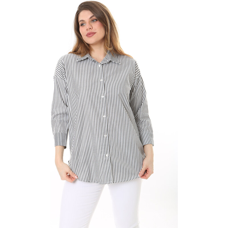 Şans Women's Plus Size Bone Front Buttoned Cuff Striped Shirt