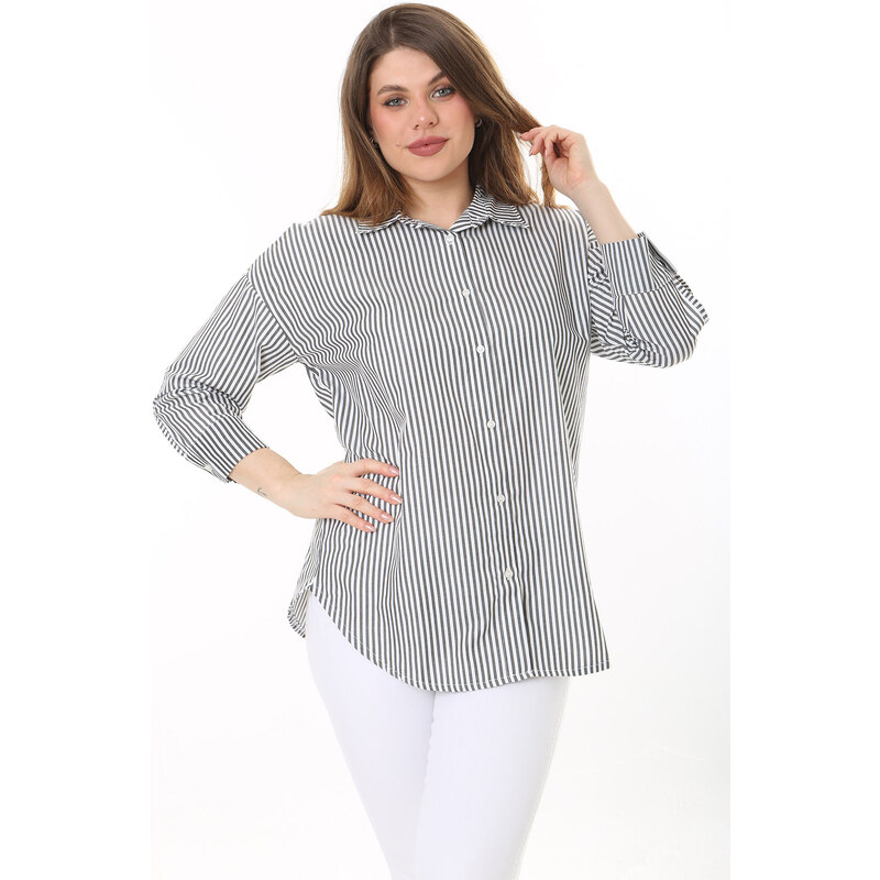 Şans Women's Plus Size Bone Front Buttoned Cuff Striped Shirt