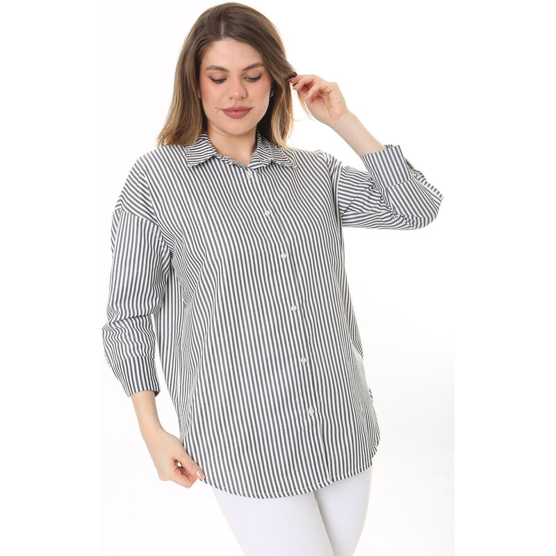 Şans Women's Plus Size Bone Front Buttoned Cuff Striped Shirt