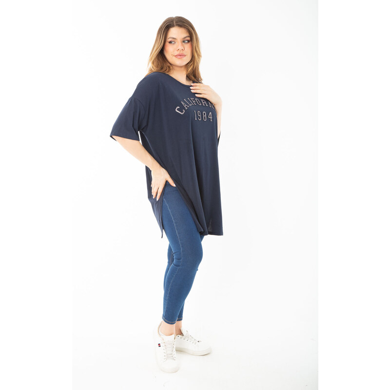 Şans Women's Plus Size Navy Blue Stone And Glitter Detailed Blouse with Side Slit