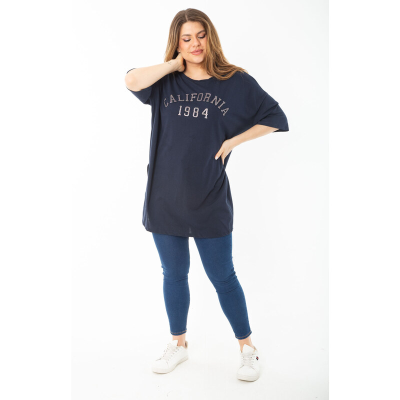 Şans Women's Plus Size Navy Blue Stone And Glitter Detailed Blouse with Side Slit