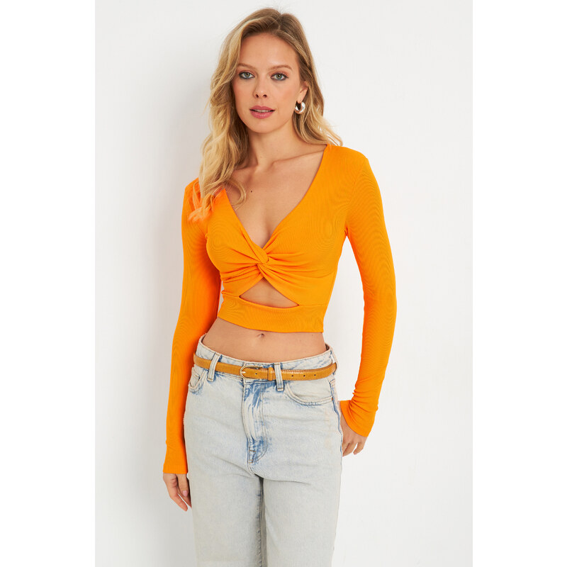 Cool & Sexy Women's Front Knotted Crop Blouse Orange