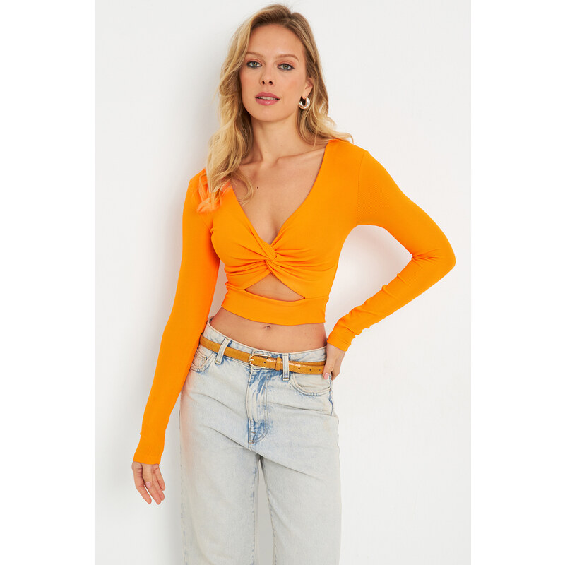 Cool & Sexy Women's Front Knotted Crop Blouse Orange