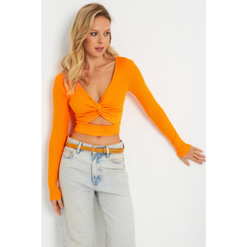 Cool & Sexy Women's Front Knotted Crop Blouse Orange