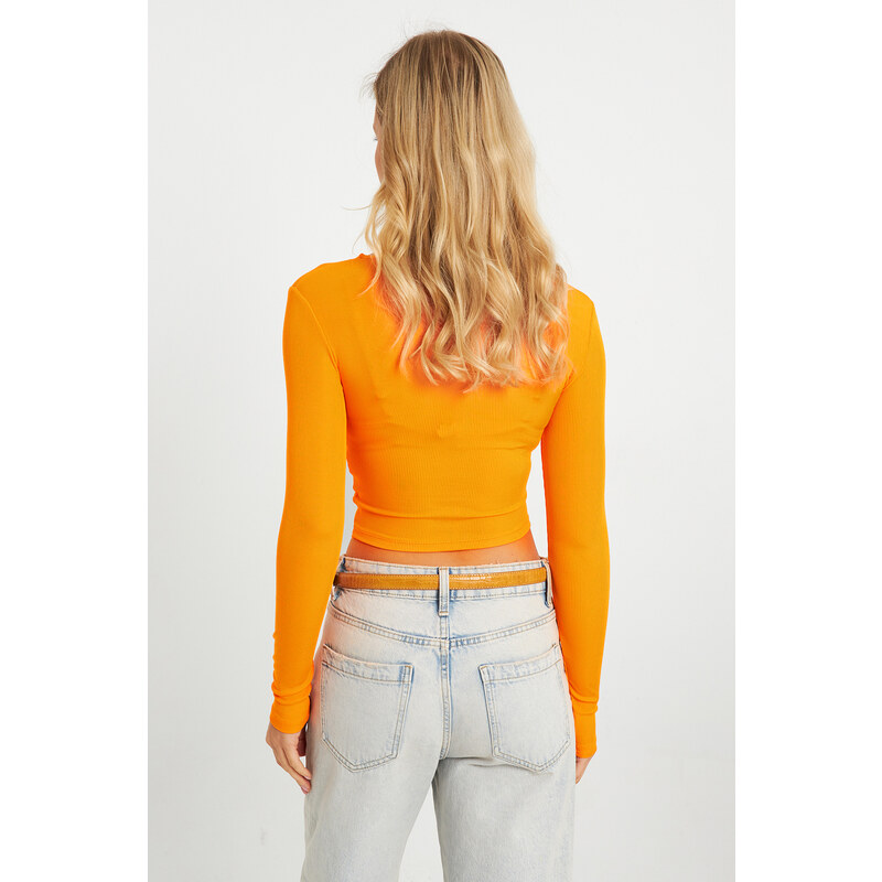 Cool & Sexy Women's Front Knotted Crop Blouse Orange