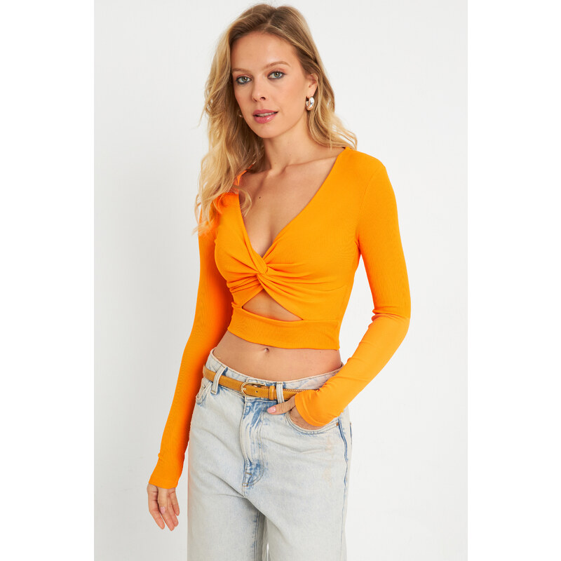 Cool & Sexy Women's Front Knotted Crop Blouse Orange