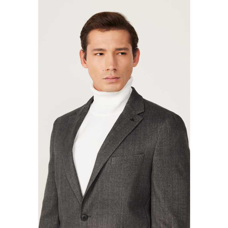 ALTINYILDIZ CLASSICS Men's Anthracite Slim Fit Slim Fit Mono Collar Patterned Woolen Blazer Jacket