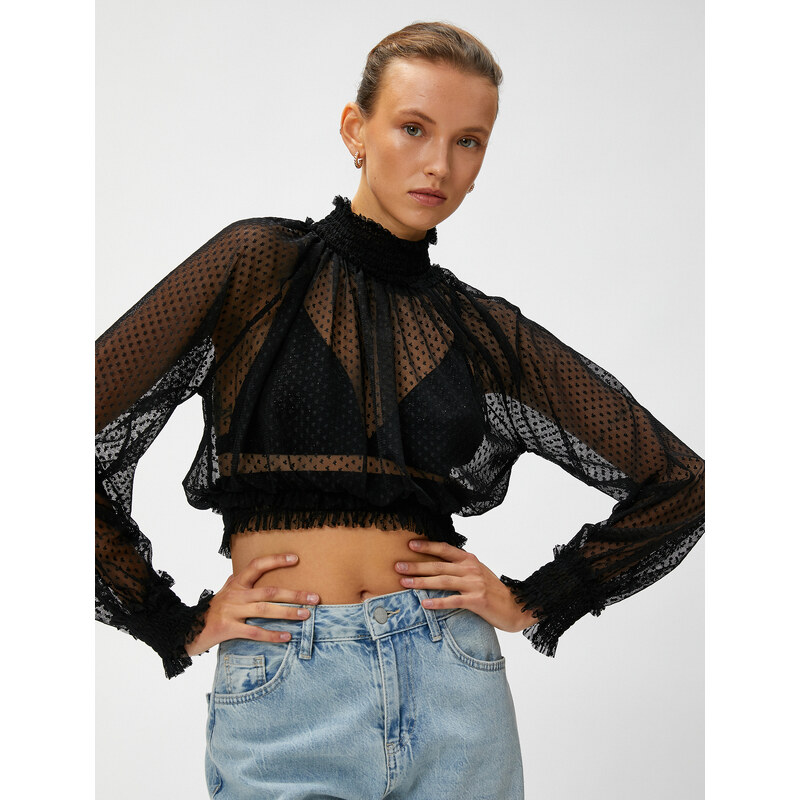 Koton Chiffon Crop Blouse High Neck Long Sleeve