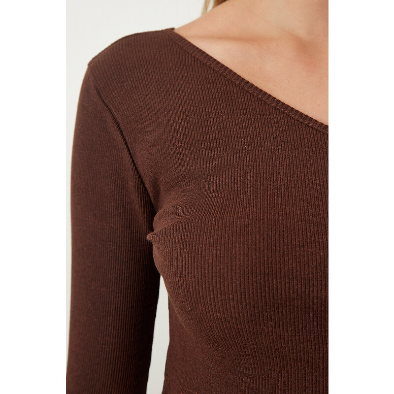 Happiness İstanbul Women's Brown Single Sleeve Ribbed Crop Knitted Blouse