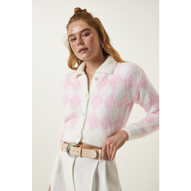 Happiness İstanbul White Pink Patterned Bearded Seasonal Crop Knitwear Cardigan