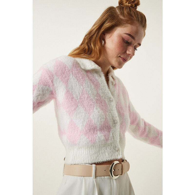 Happiness İstanbul White Pink Patterned Bearded Seasonal Crop Knitwear Cardigan