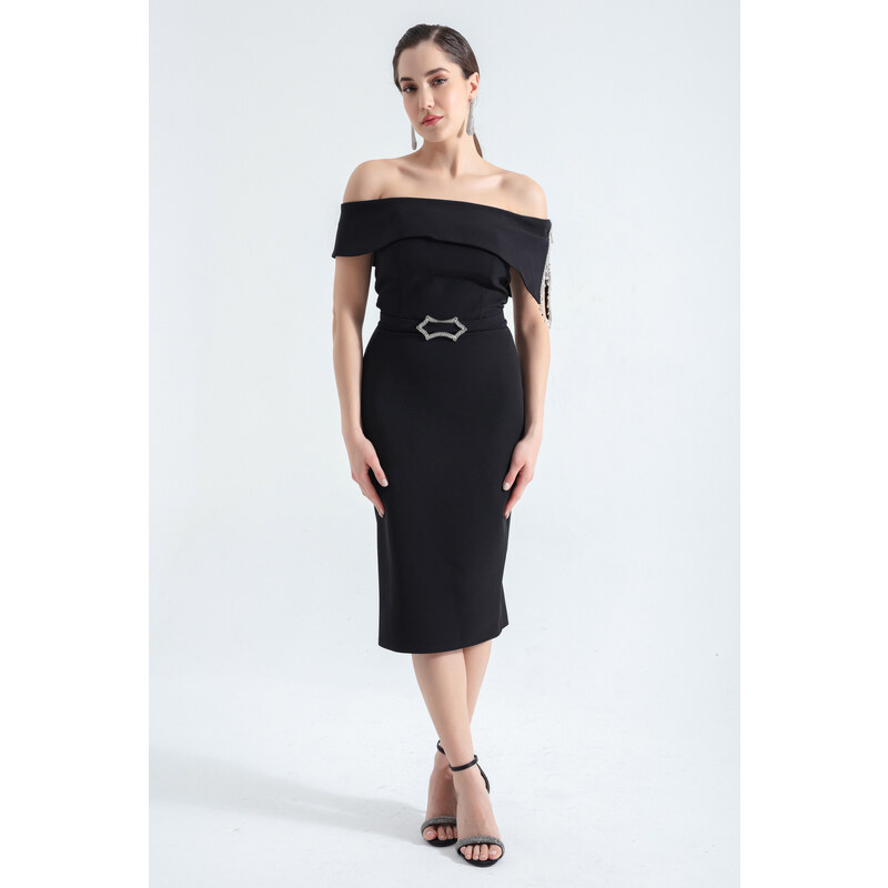 Lafaba Women's Black Boat Neck Stoned Belted Midi Evening Dress