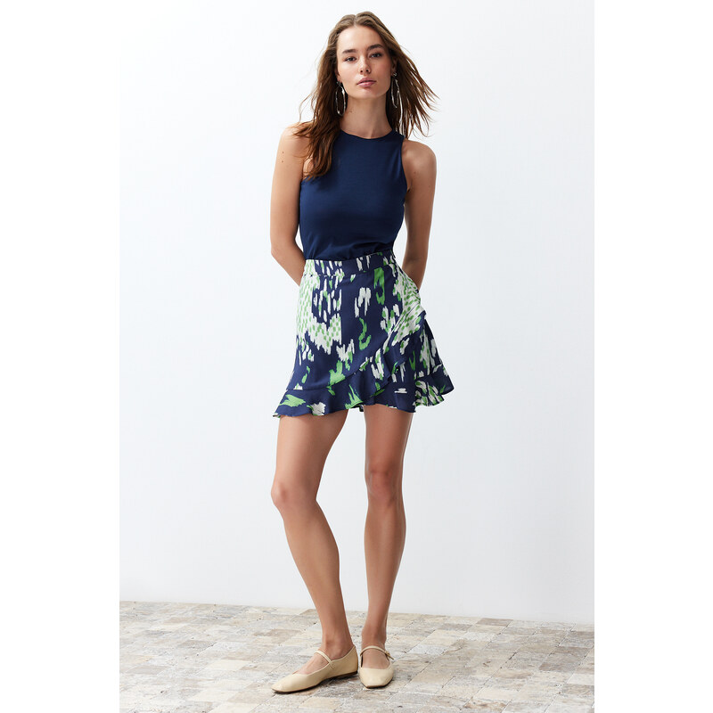 Trendyol Navy Blue Patterned Skirt Frilly Viscose Woven Shorts Skirt