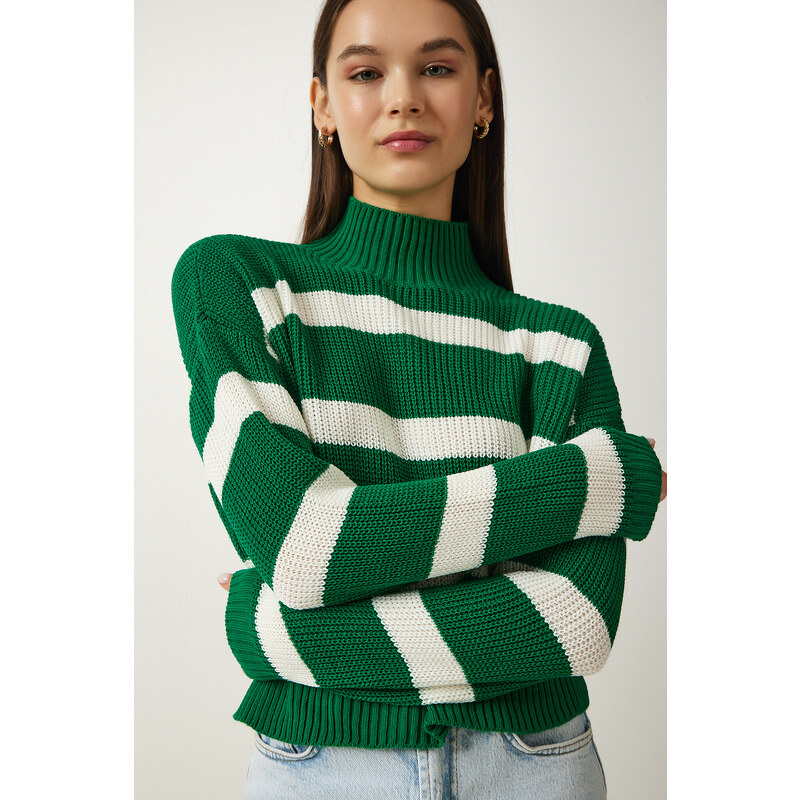 Happiness İstanbul Women's Green Stand-Up Collar Striped Knitwear Sweater