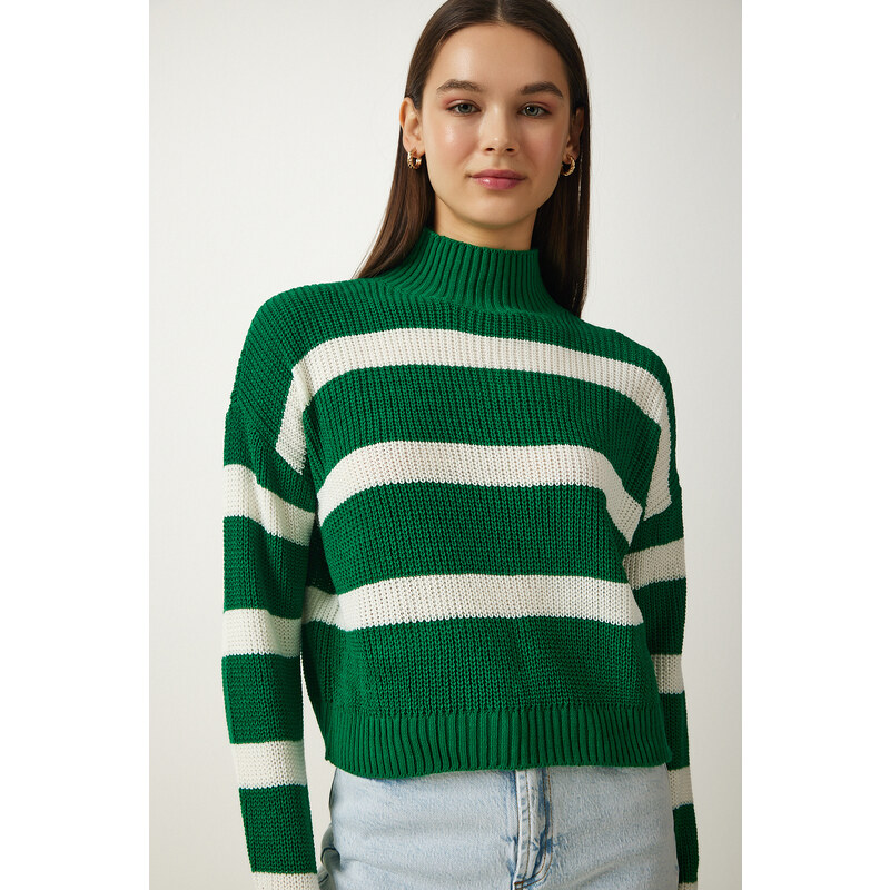 Happiness İstanbul Women's Green Stand-Up Collar Striped Knitwear Sweater