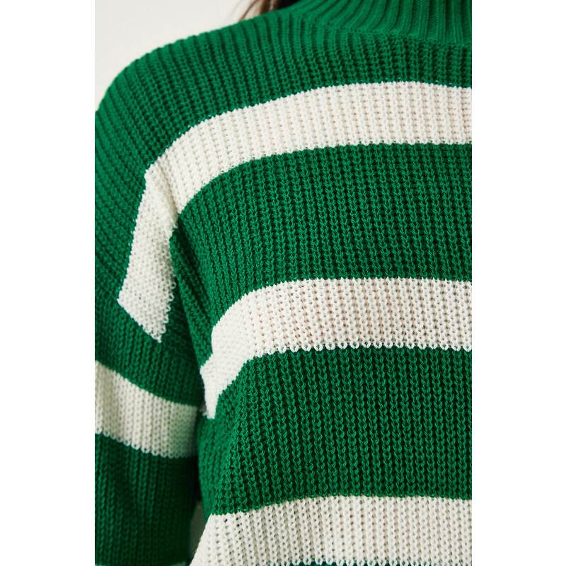 Happiness İstanbul Women's Green Stand-Up Collar Striped Knitwear Sweater