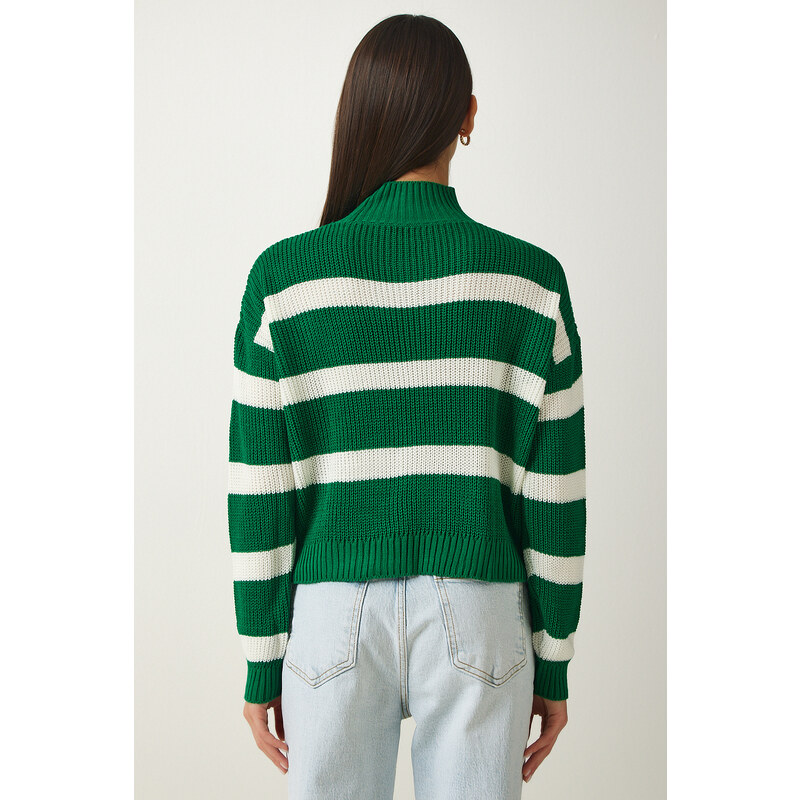 Happiness İstanbul Women's Green Stand-Up Collar Striped Knitwear Sweater