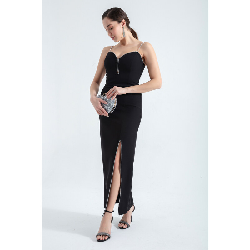 Lafaba Women's Black Stone Strap Slit Midi Evening Dress